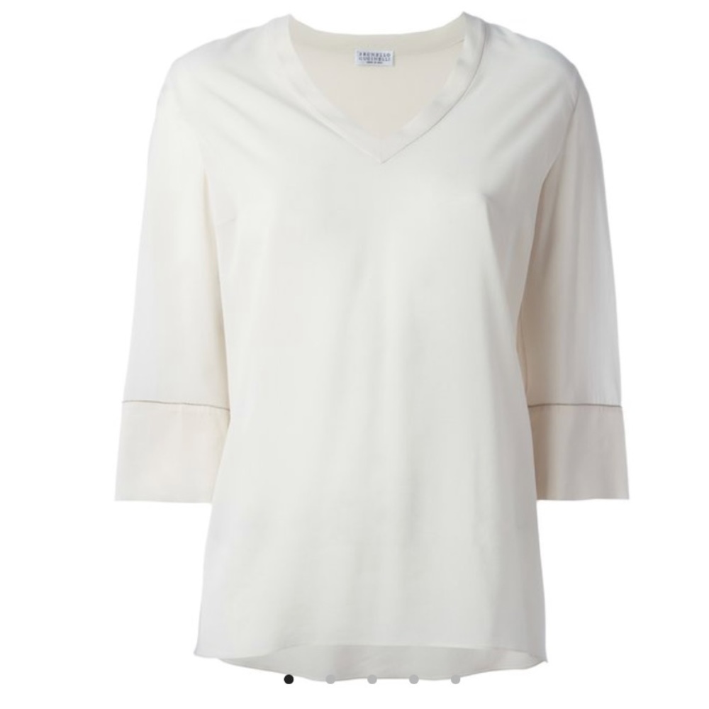 Brunello Cucinelli Navy Silk VNeck Top with Monili